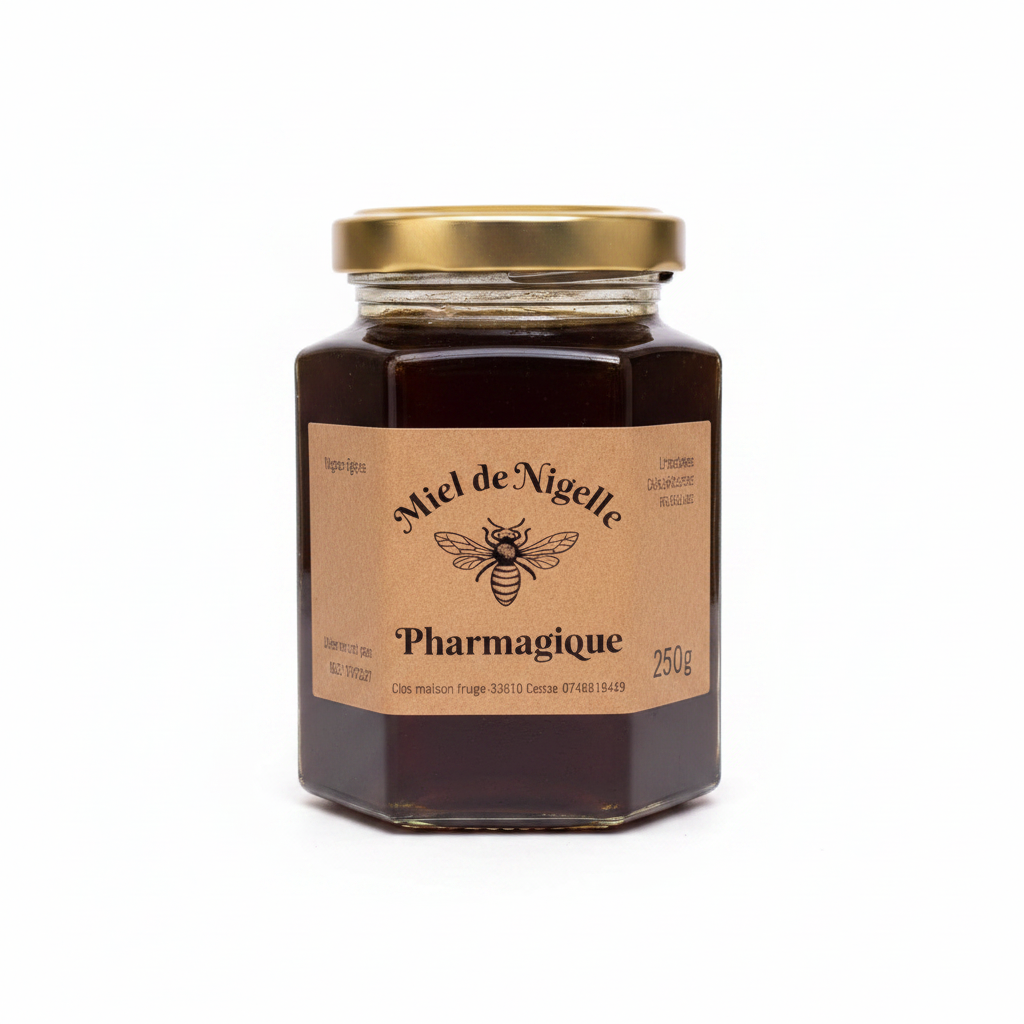 Pot de Miel de Nigelle d'Égypte Pharmagique 250g sur fond blanc