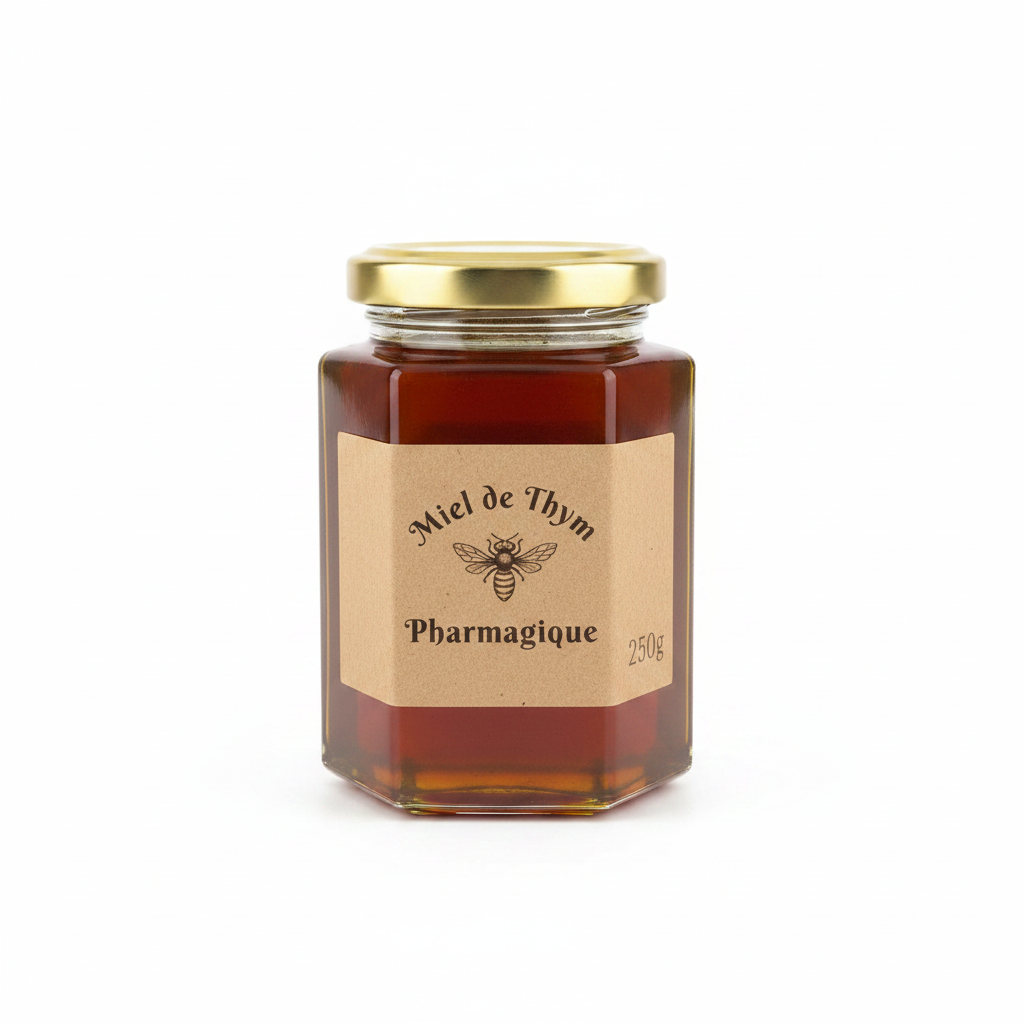 Pot de Miel de Thym du Maroc Pharmagique 260g sur fond blanc