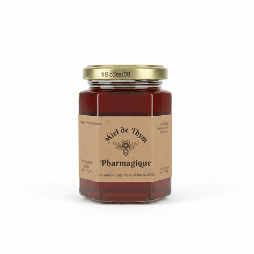 Pot de Miel de Thym de Nouvelle-Zélande Pharmagique 250g sur fond blanc